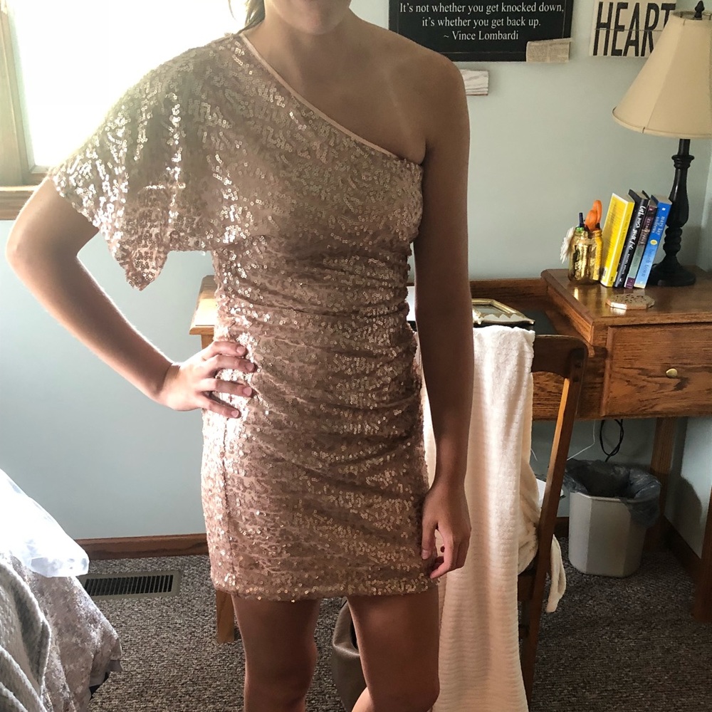 Blush sequined one shoulder homecoming dress